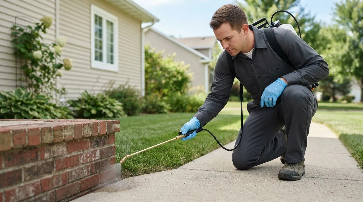 Pest control technician treating a home near Green Isle, MN